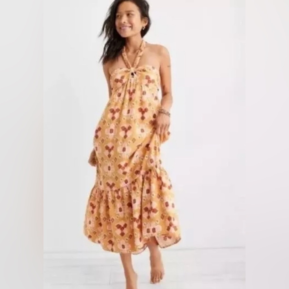 AERIE Linen Blend Braided Boho Floral Halter Maxi